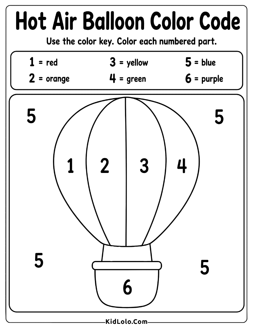 Hot air balloon color by number worksheet with numbers 1 to 6.