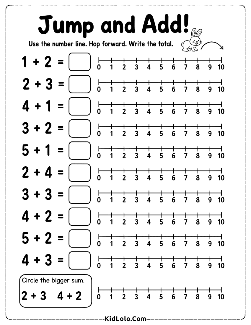 Kindergarten addition worksheet with number lines and hop-forward sums to 10.