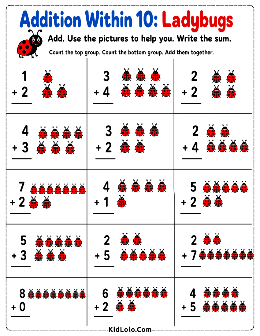 Addition within 10 worksheet with ladybug pictures and written sums.