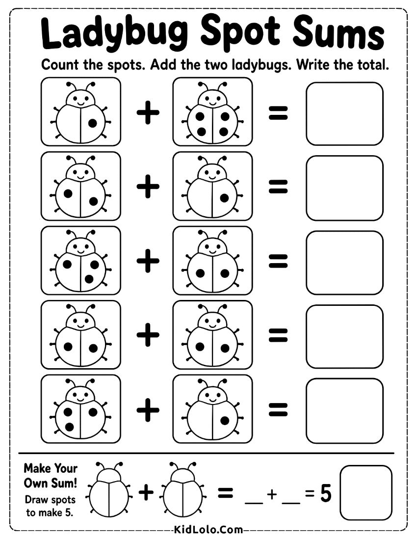 Ladybug addition worksheet for counting spots and writing sums to 5.