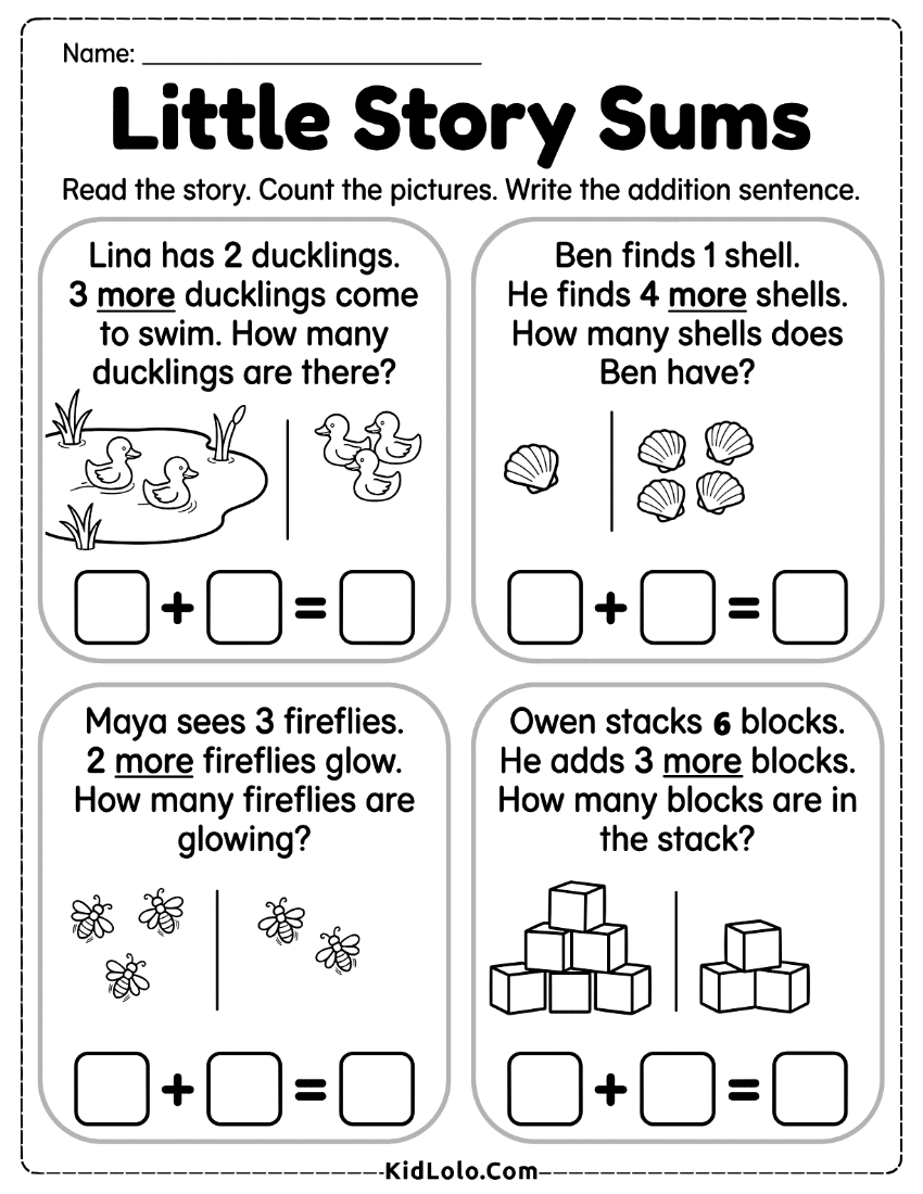 Addition word problems worksheet with short stories, pictures, and equation boxes.