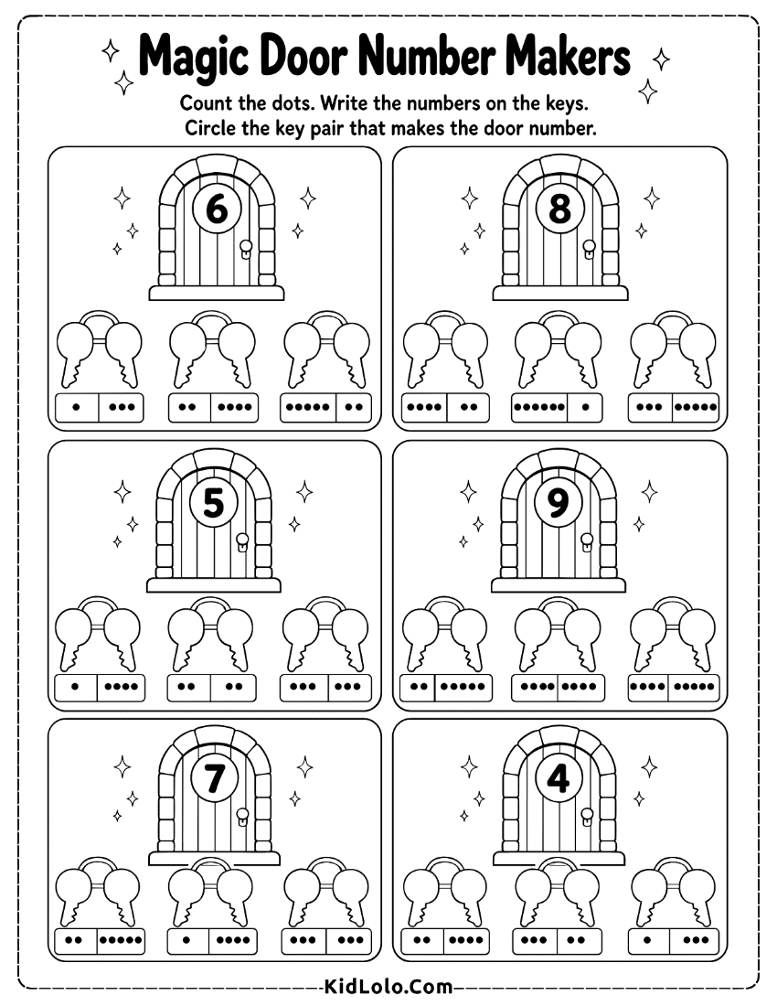 Number maker worksheet with doors, keys, dot pairs, and matching sums.