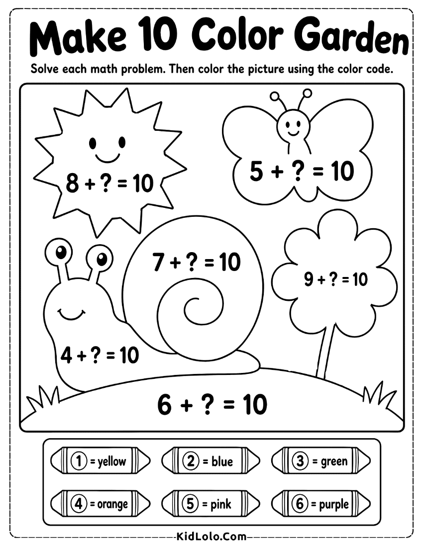 Color by addition worksheet with make 10 sums and a garden picture.