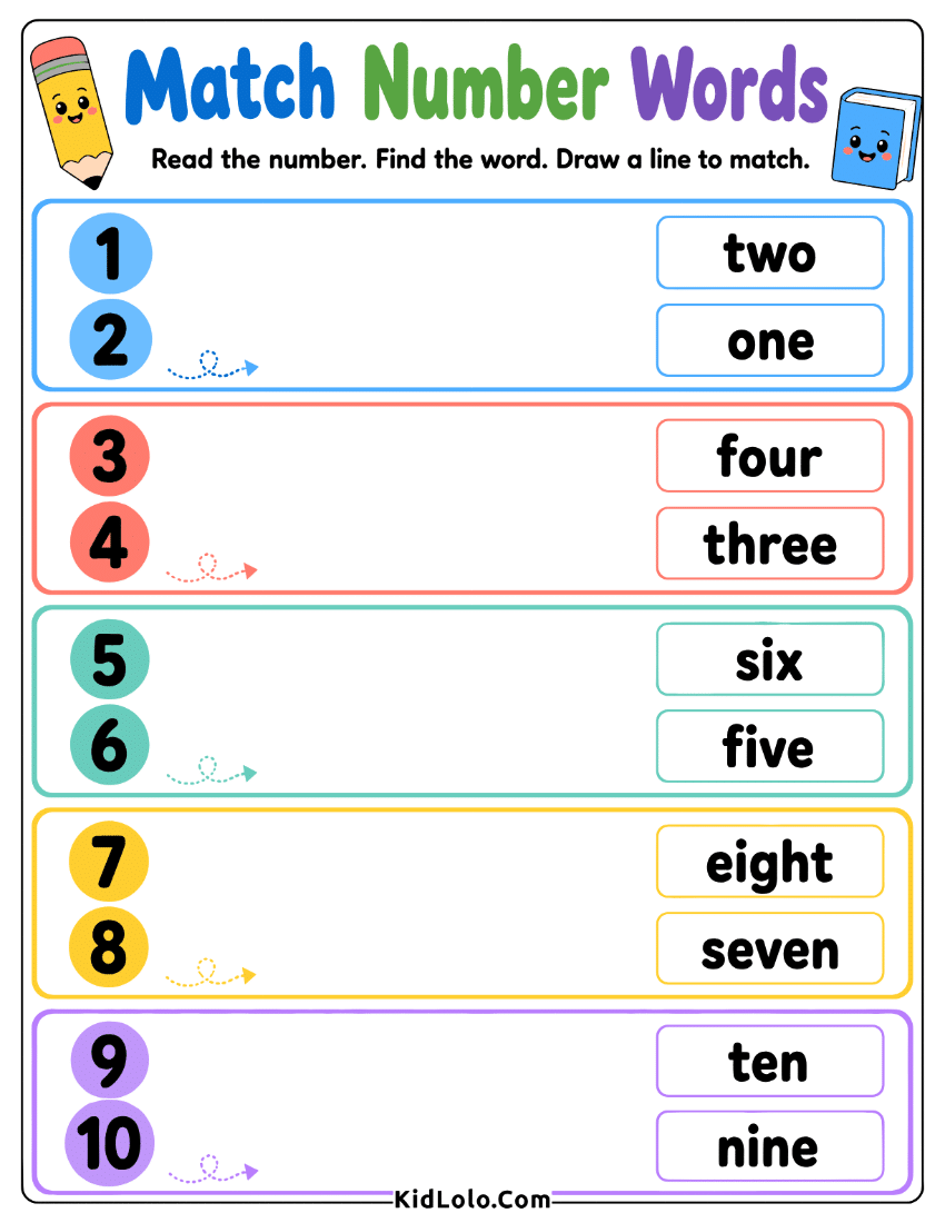 Number words matching worksheet with numerals and written words from 1 to 10.