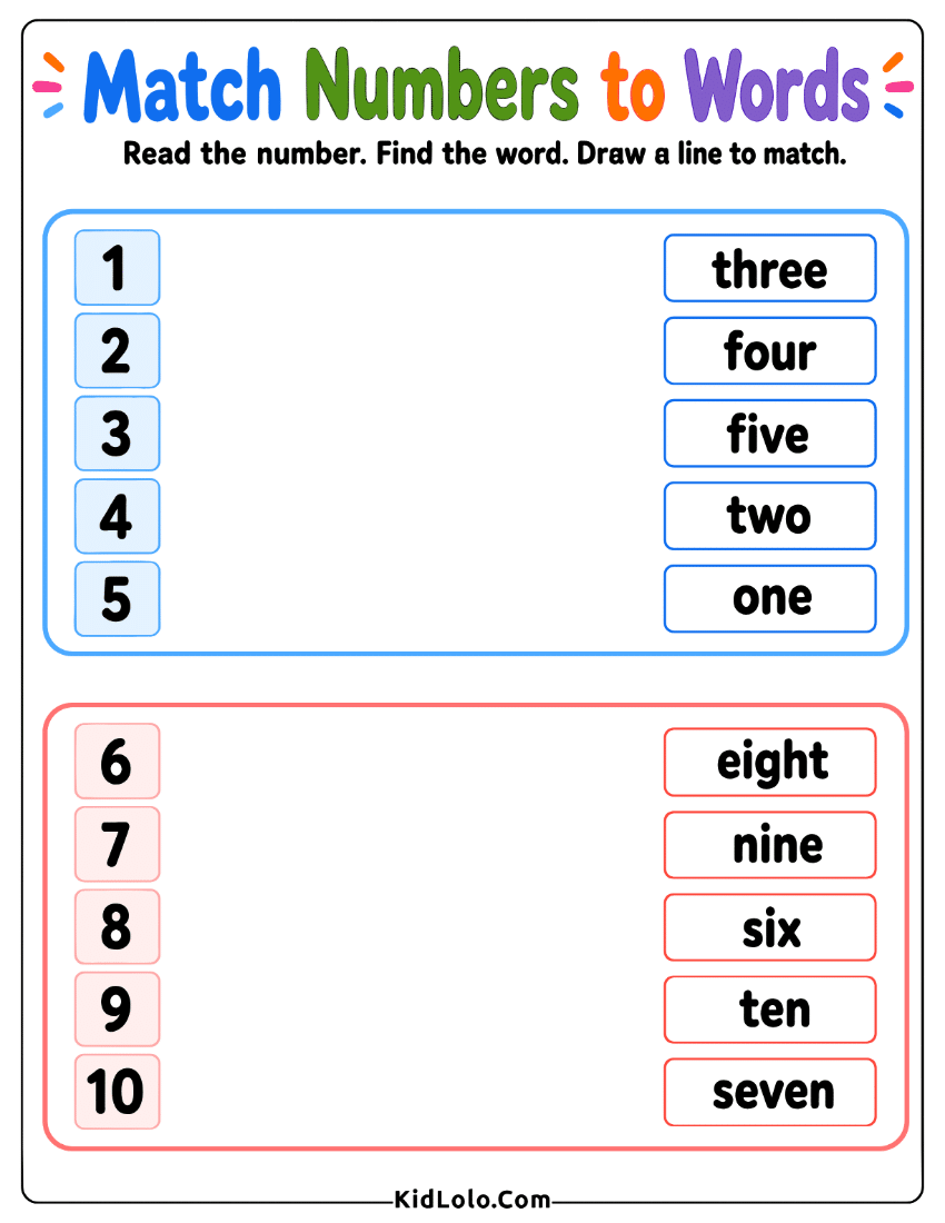 Number to word matching worksheet with numbers 1 to 10.
