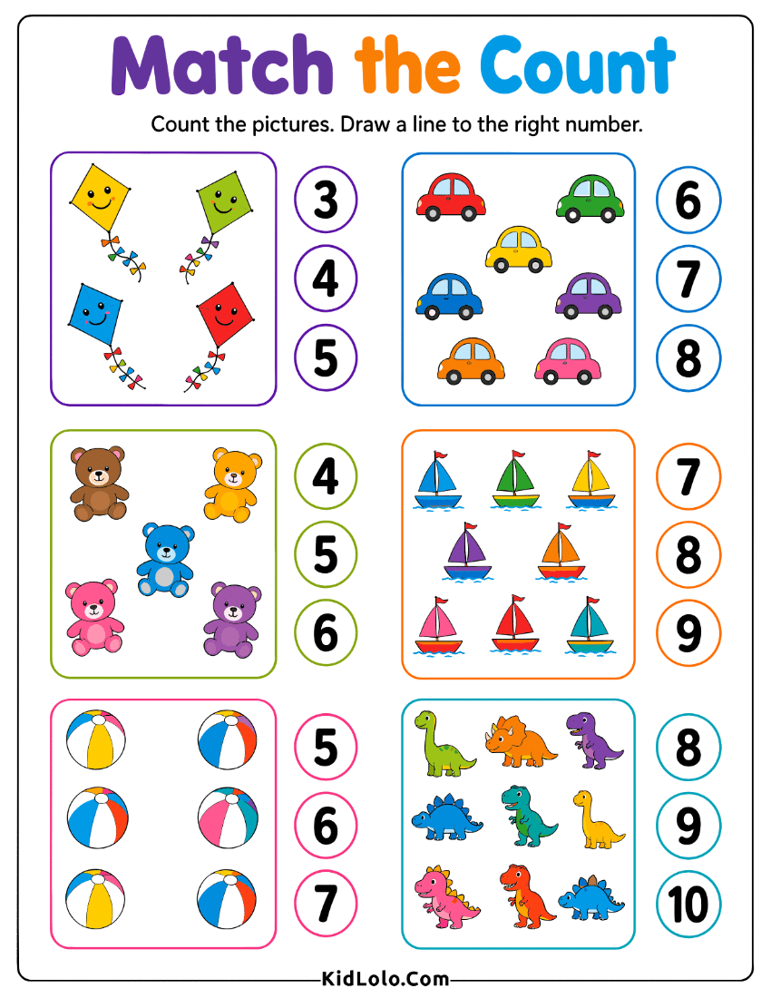 Count and match worksheet with pictures and number choices.