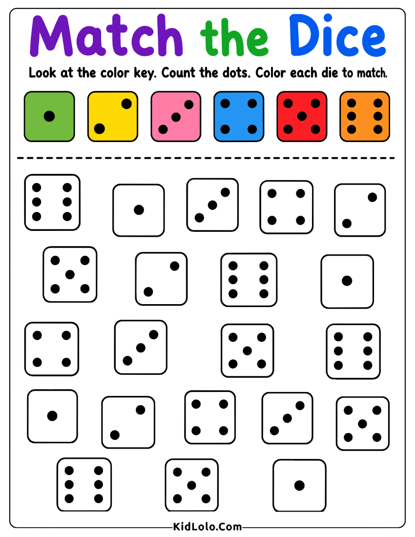 Dice matching worksheet with dot patterns and color key.