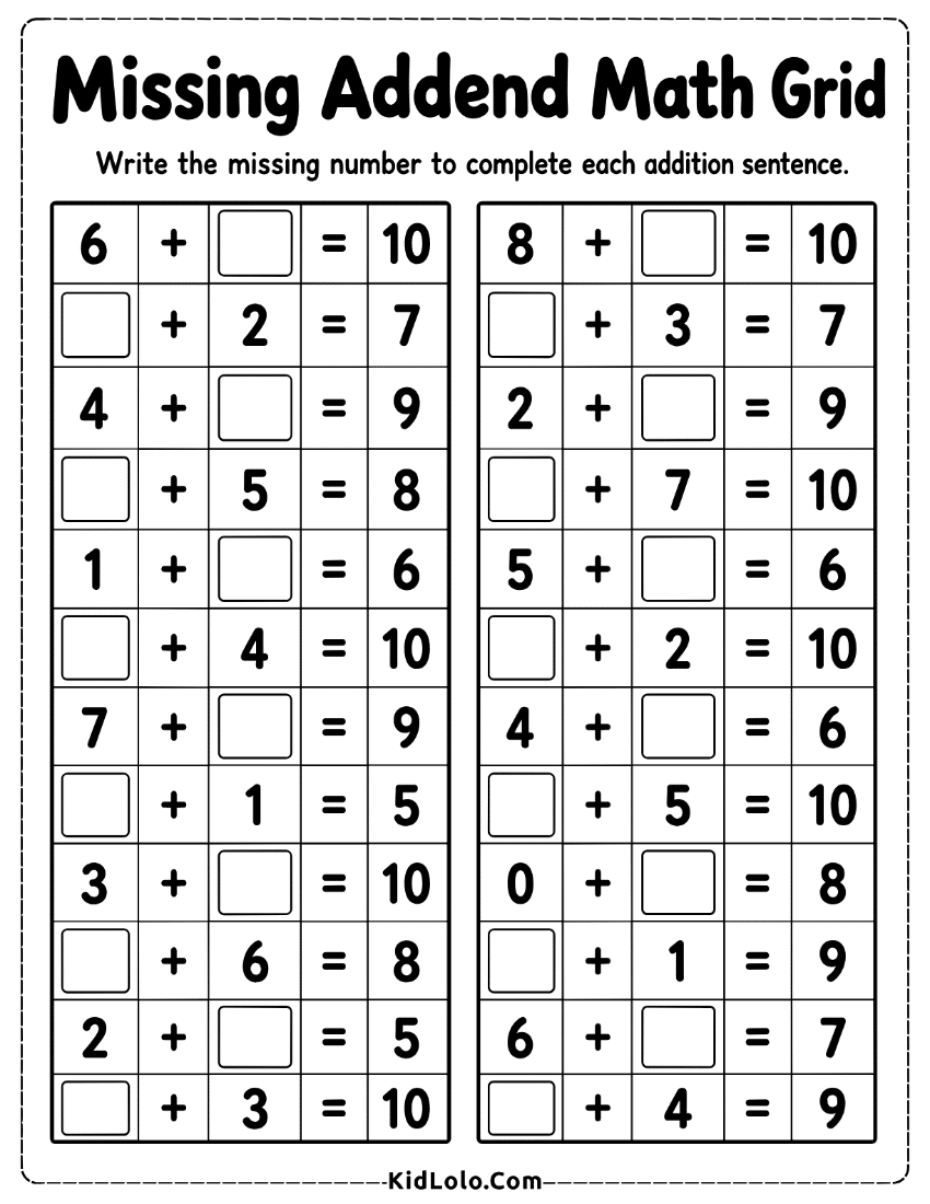 Missing addend worksheet with addition grid problems and sums to 10.