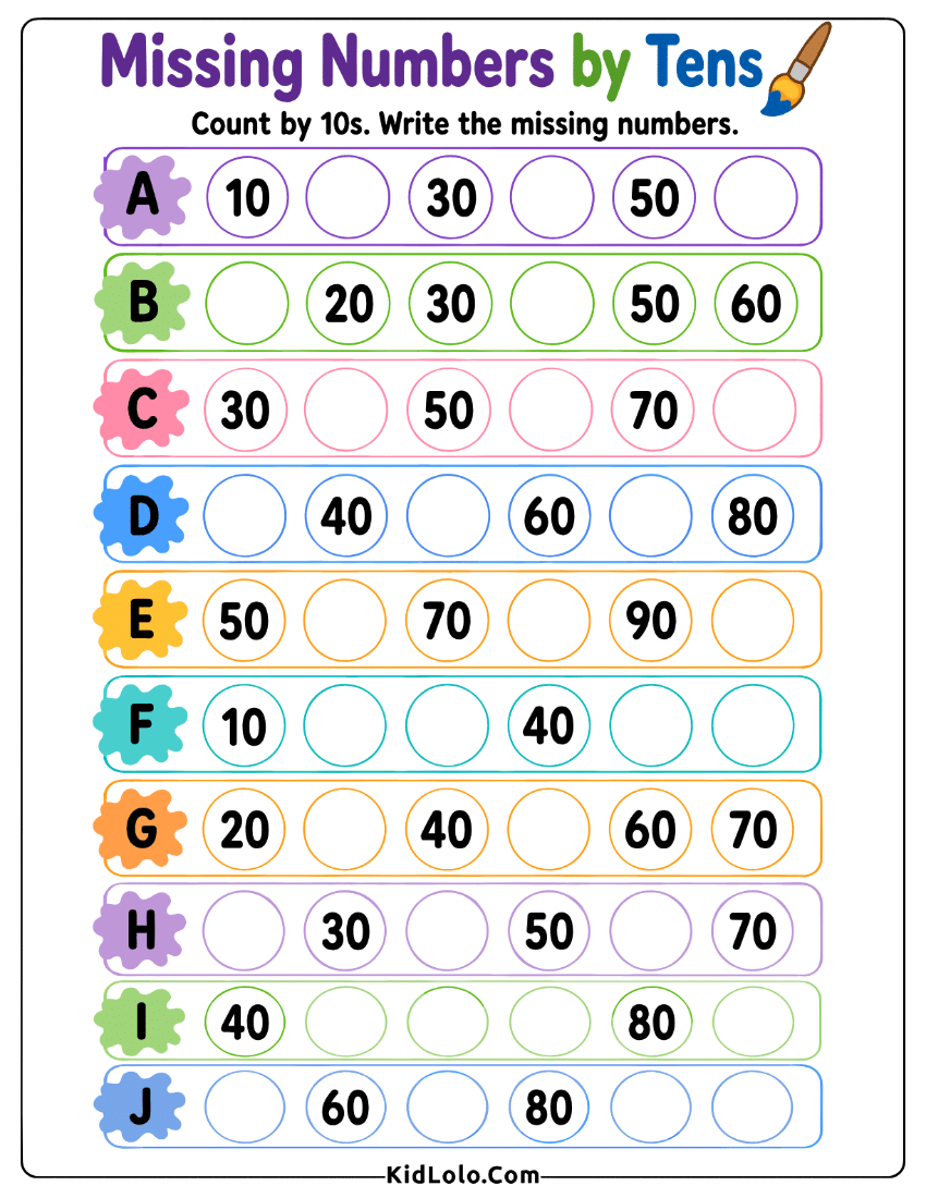 Counting by 10s worksheet with missing numbers in colorful rows.