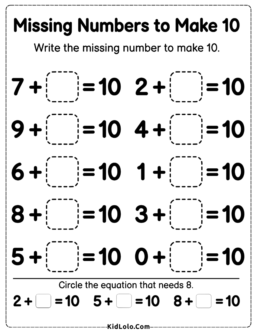 Missing addend worksheet for making 10 with simple addition equations.