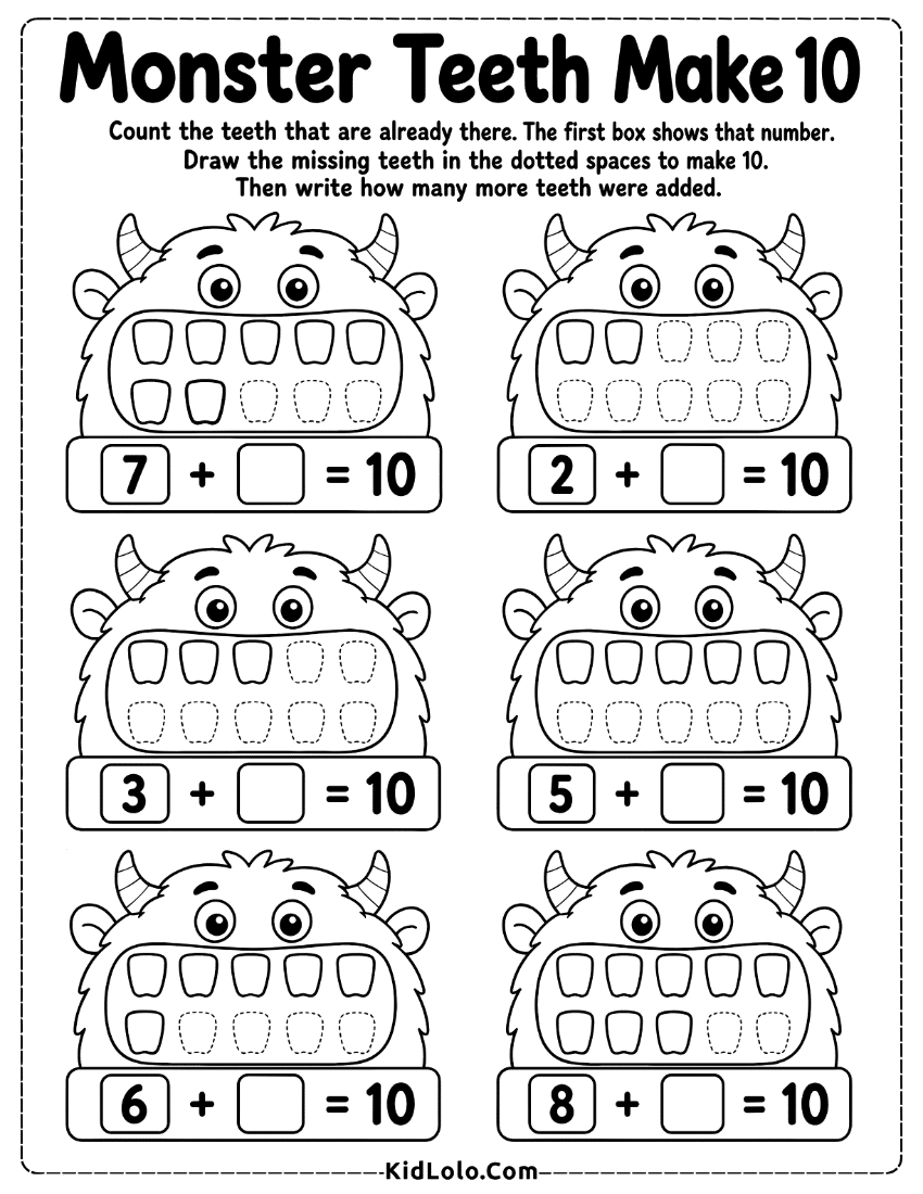 Make 10 worksheet with monsters, missing teeth, and addition boxes.