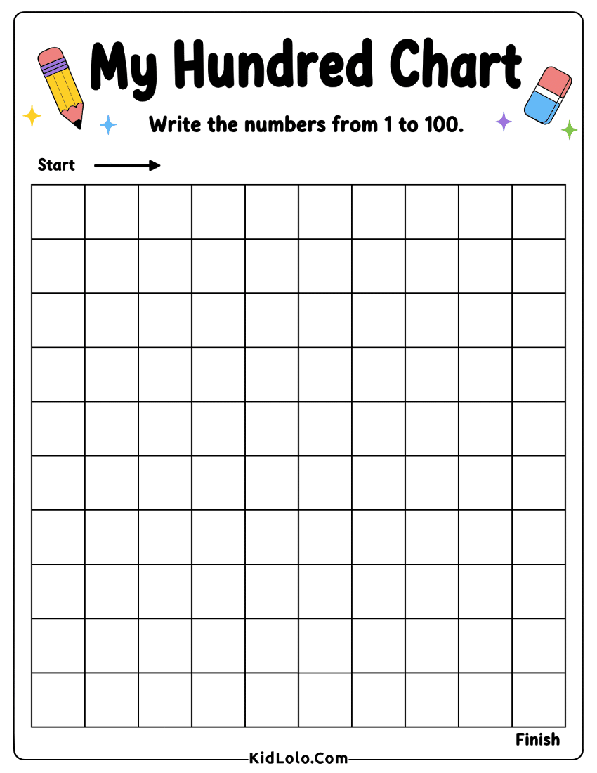 Blank hundred chart worksheet for writing numbers from 1 to 100.