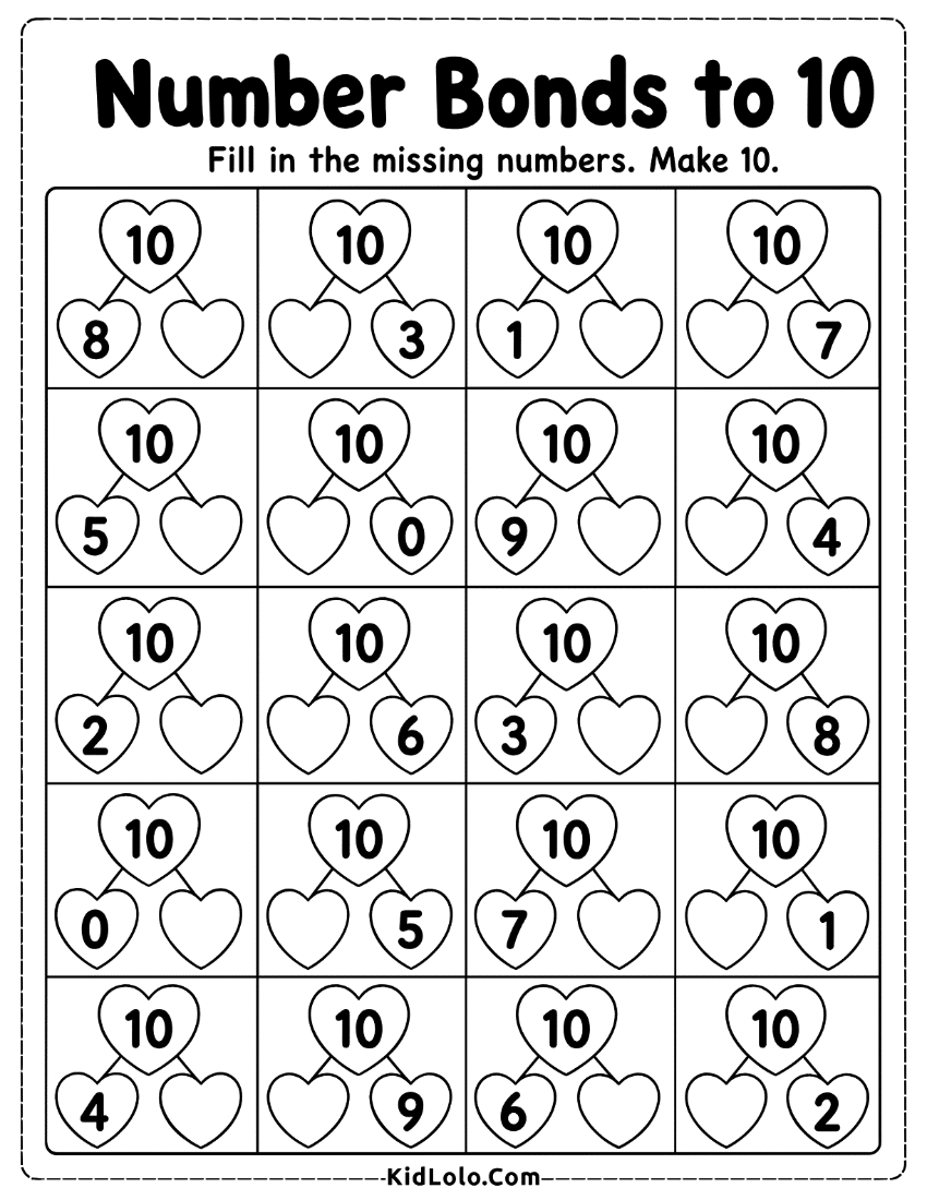 Kindergarten number bonds to 10 worksheet with missing numbers in heart diagrams.