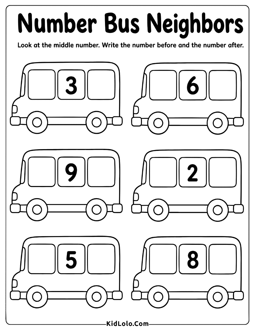 Before and after number worksheet with buses and middle numbers.