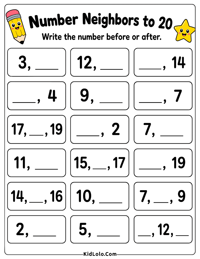 Number neighbors worksheet for writing before and after numbers to 20.
