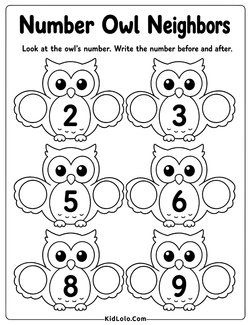 Owl number neighbors worksheet for writing the number before and after.