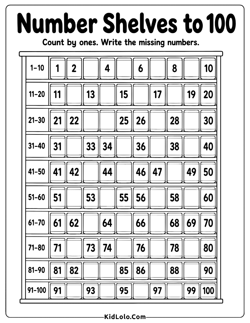 Counting to 100 worksheet with shelf rows and missing numbers.