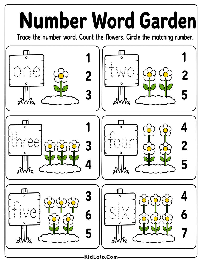 Number word garden worksheet with tracing, flower counting, and number matching.