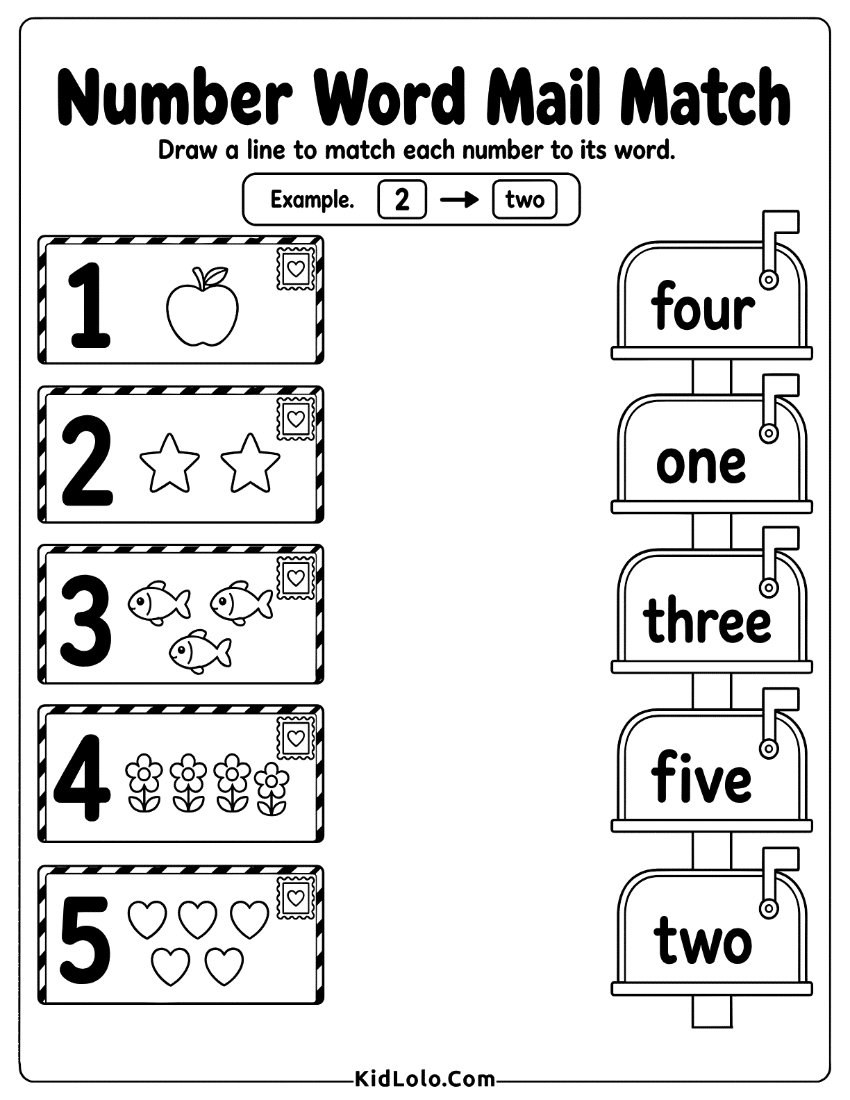 Number word matching worksheet with mail cards, pictures, and mailboxes.