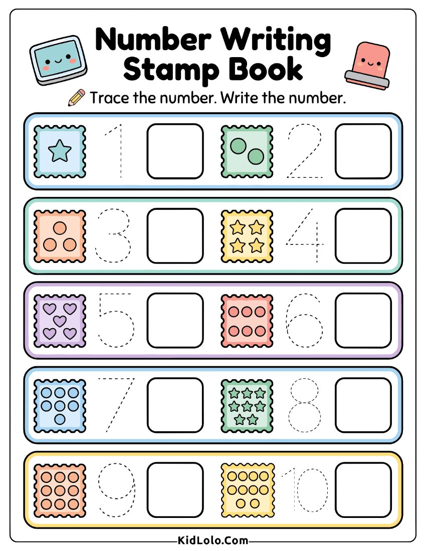 Kindergarten number writing worksheet with traced numerals, stamp pictures, and write-in boxes.