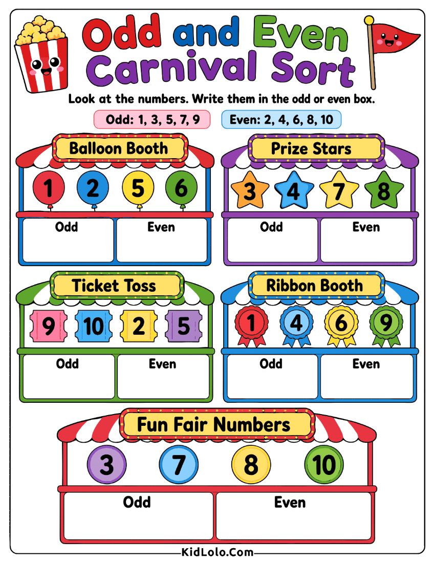 Odd and even numbers worksheet with carnival booths and sorting boxes.