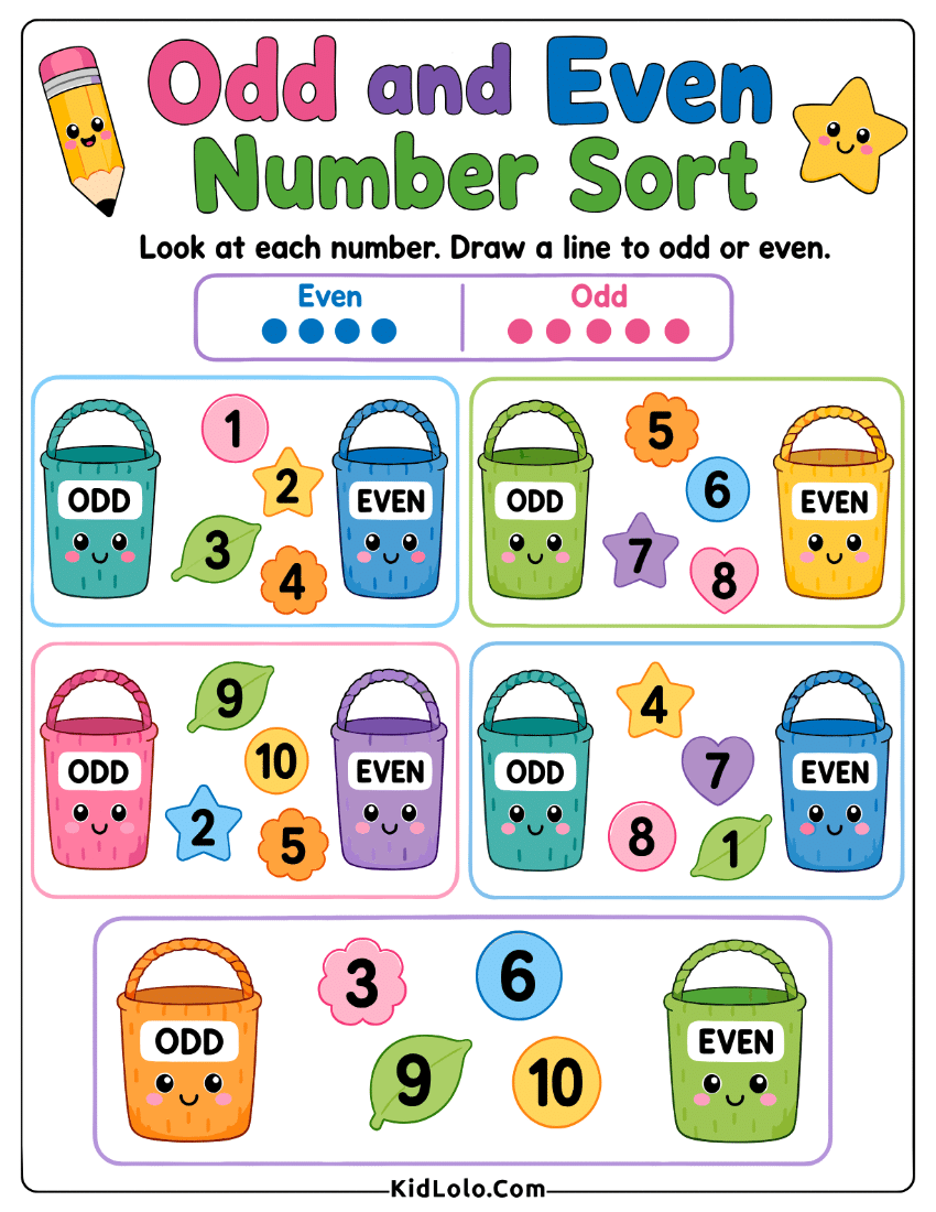 Odd and even sorting worksheet with buckets, number shapes, and matching lines.