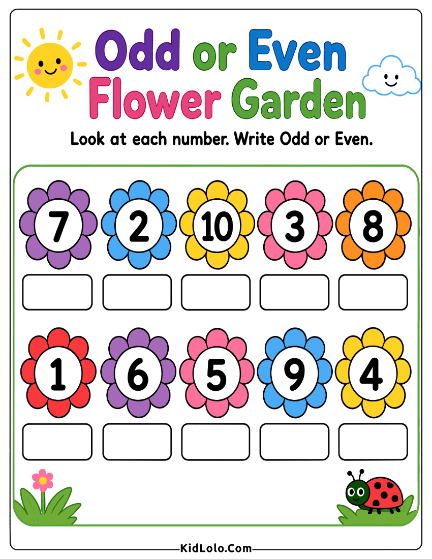 Flower garden odd or even worksheet with numbers and writing boxes.