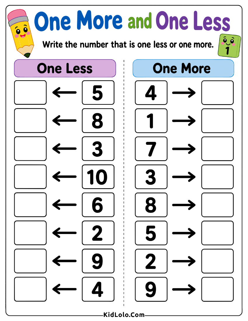 One more and one less worksheet with numbers and answer boxes.