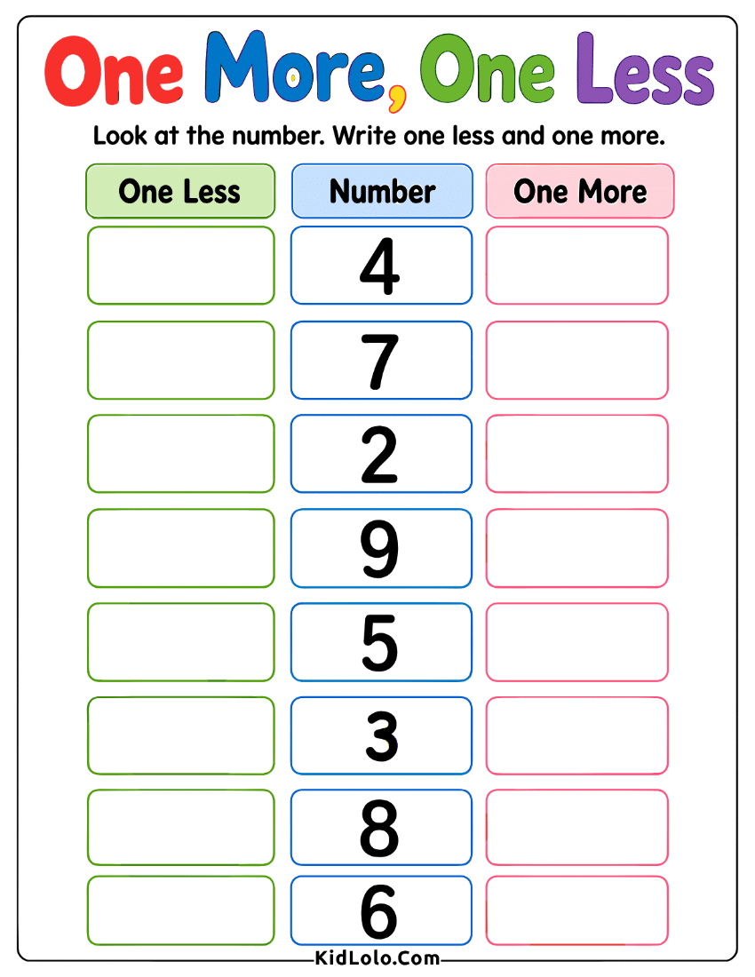 One more one less worksheet with number table and blank boxes.