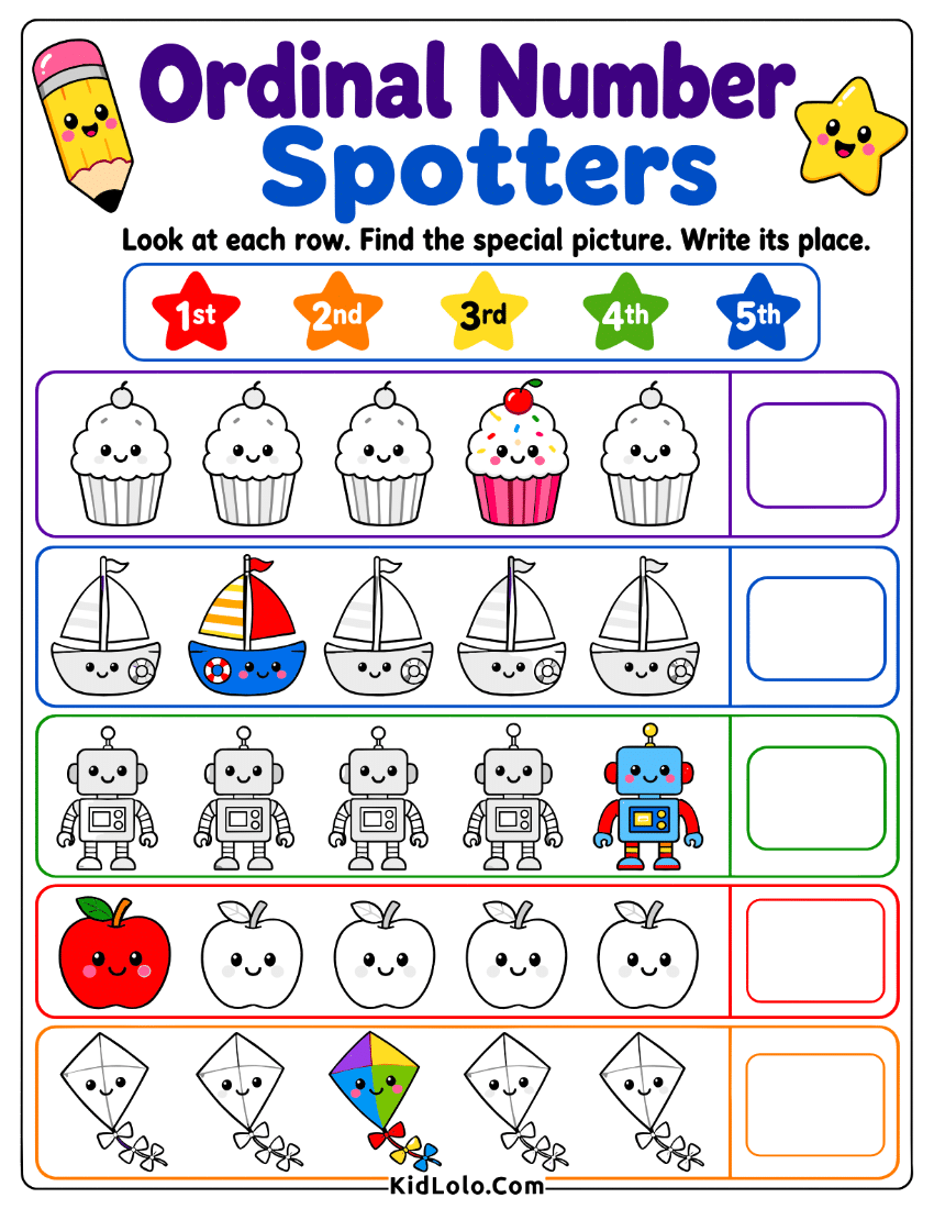 Ordinal number worksheet for finding the special picture and writing its position.
