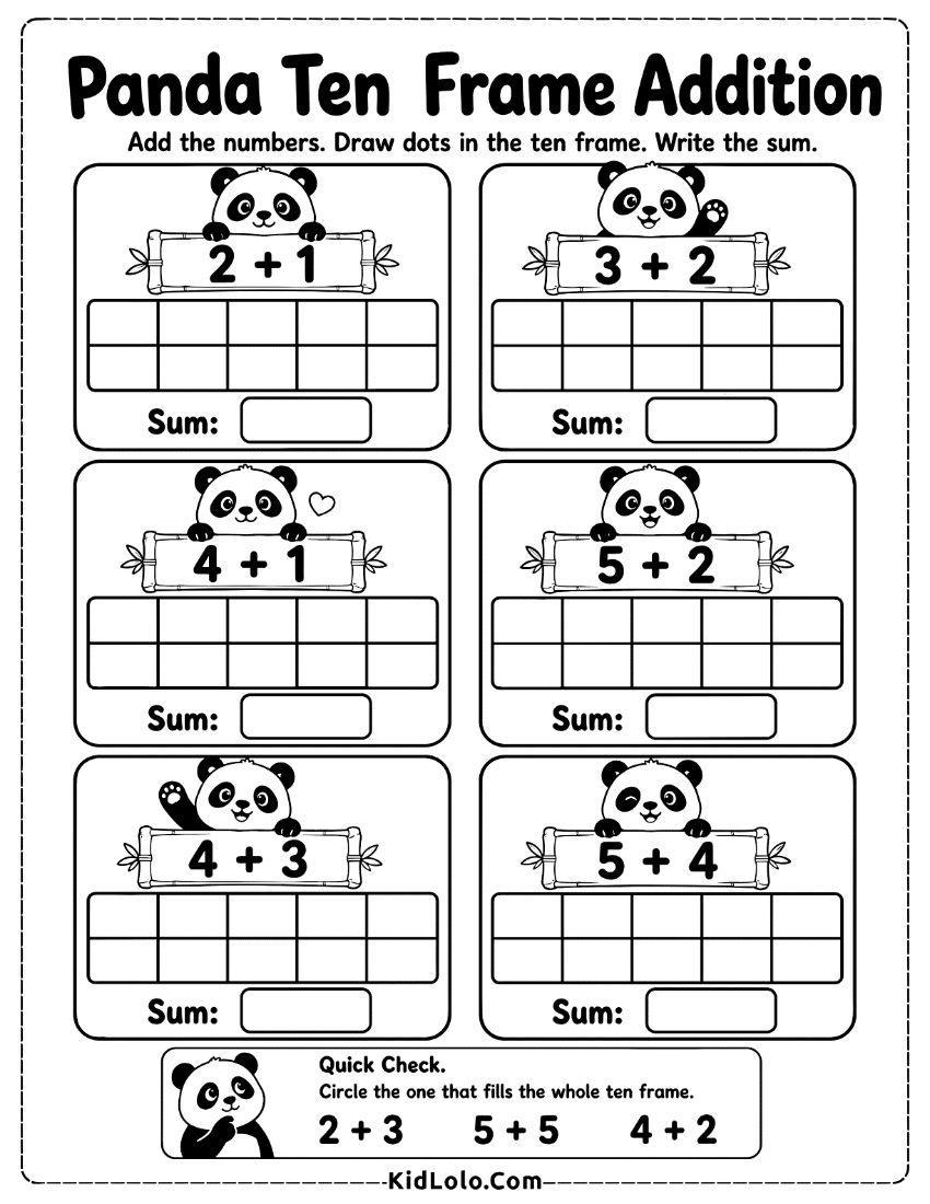 Panda ten frame addition worksheet with sums, drawing dots, and quick check.