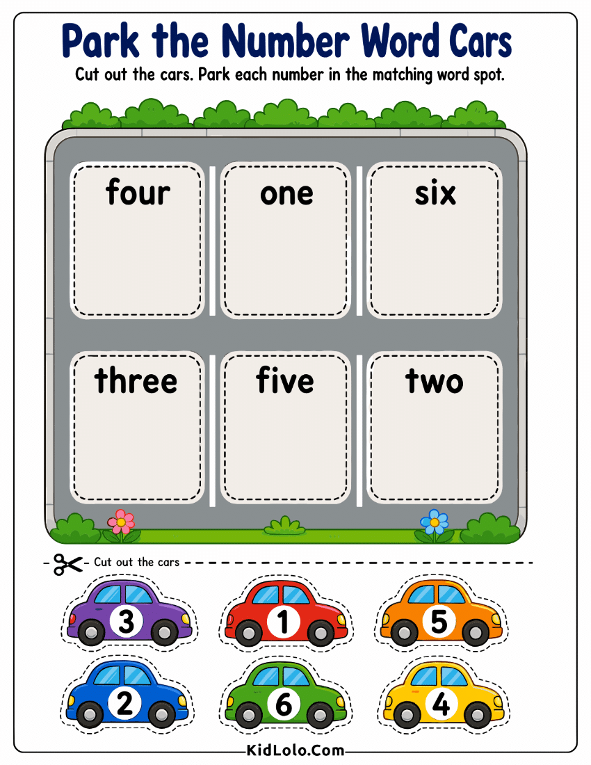 Number word matching worksheet with cut-out cars and parking spaces.