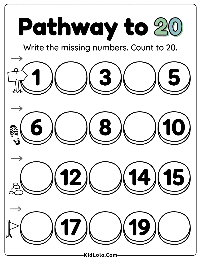 Missing numbers worksheet with circle paths for counting to 20.