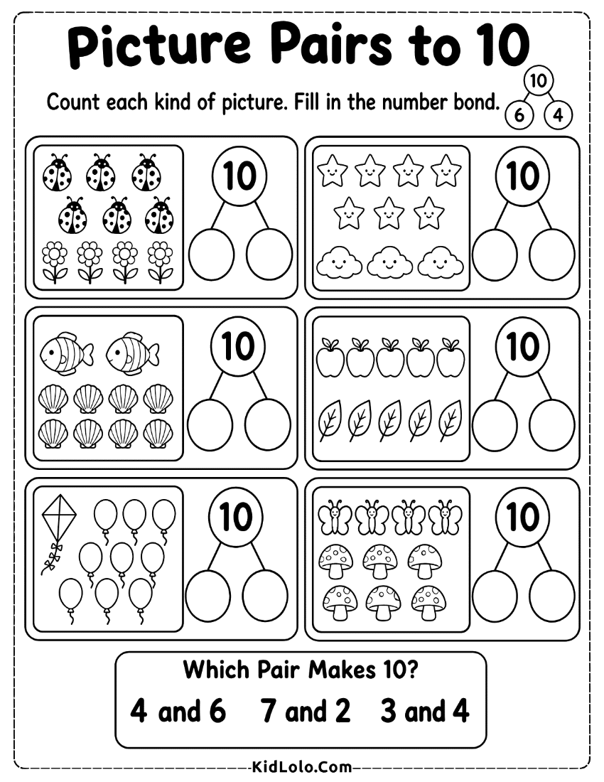 Picture pairs to 10 worksheet with counting pictures and number bonds.
