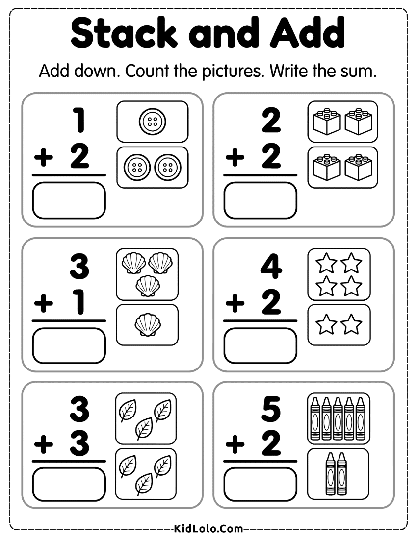 Vertical addition worksheet with picture groups, numbers, and answer boxes.
