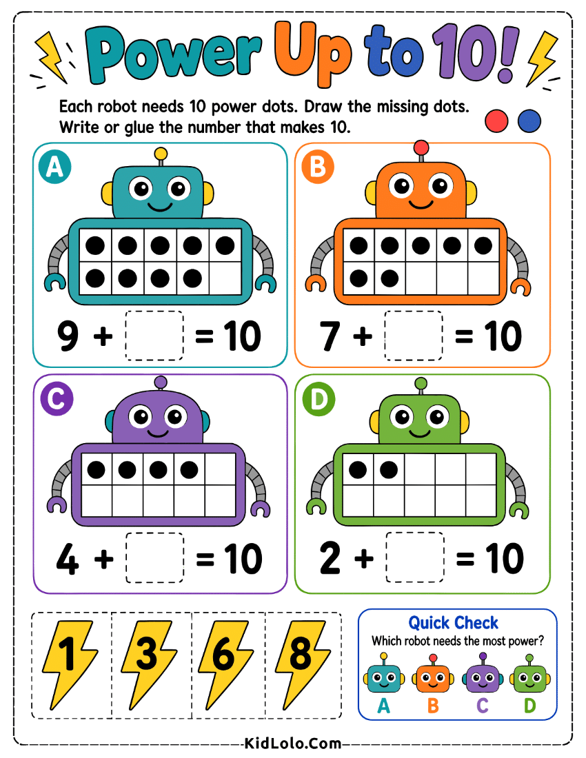 Robot make 10 worksheet with ten frames, missing dots, and equations.