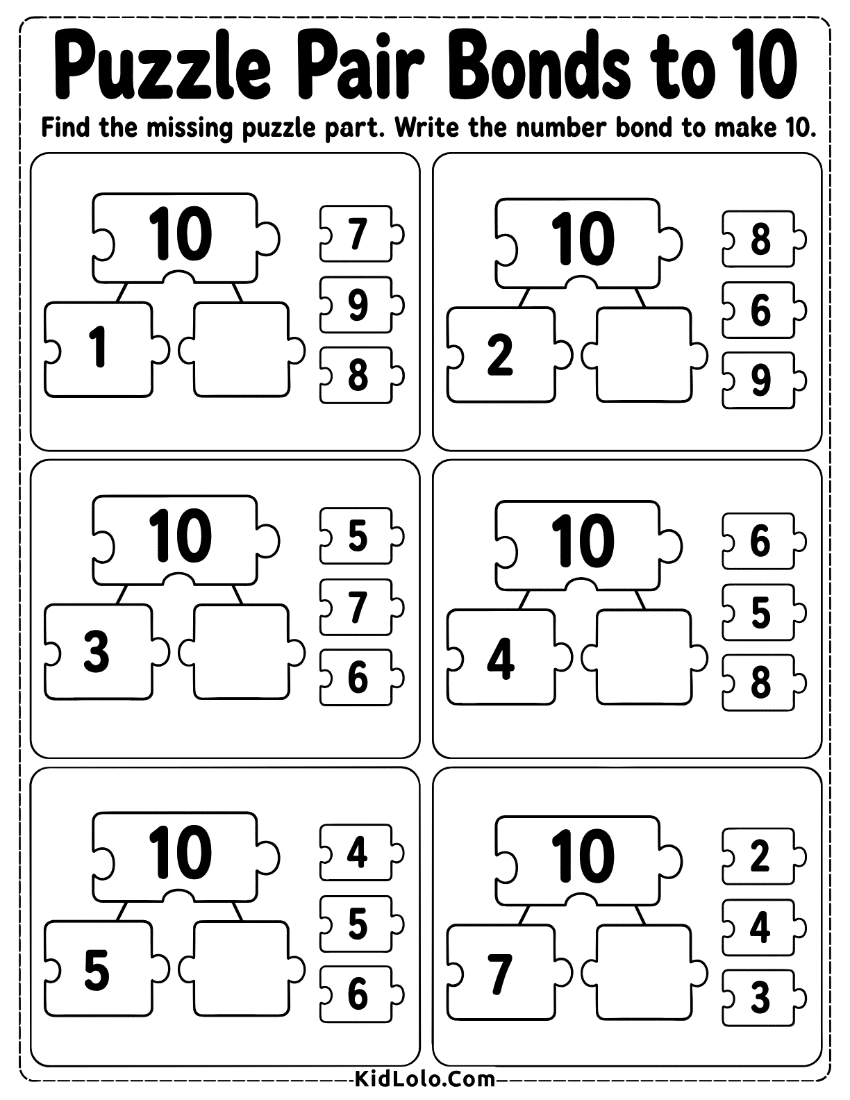 Number bonds to 10 worksheet with puzzle pieces and missing numbers.