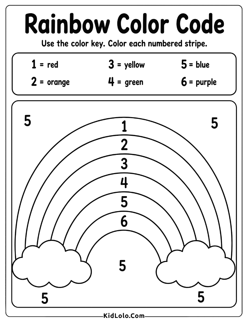 Rainbow color by number worksheet with numbered stripes and color key.