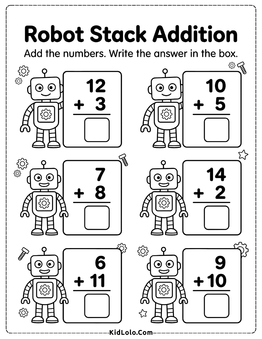 Robot vertical addition worksheet with two-digit sums and answer boxes.