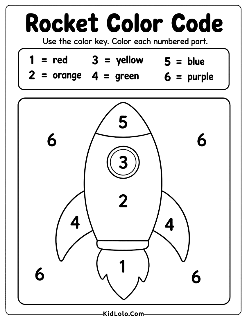 Rocket color by number worksheet with numbered parts and color key.