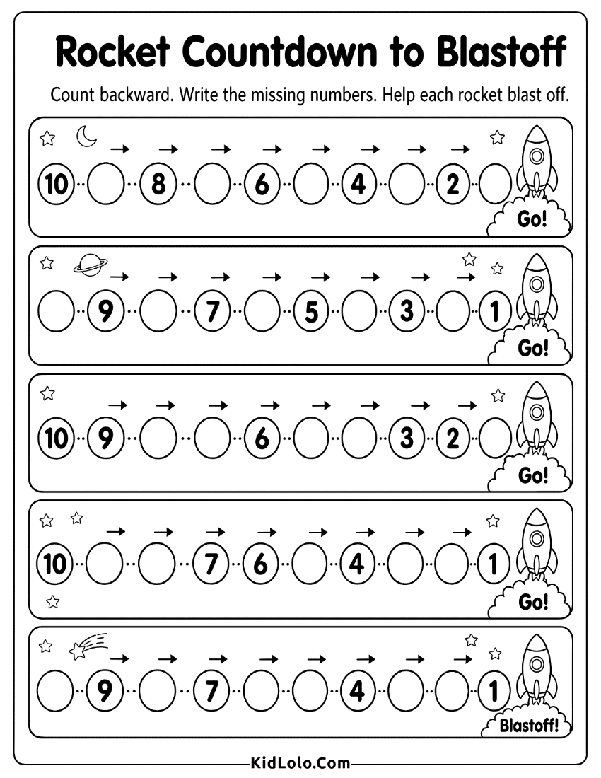 Count backwards worksheet with rocket countdowns and missing numbers.