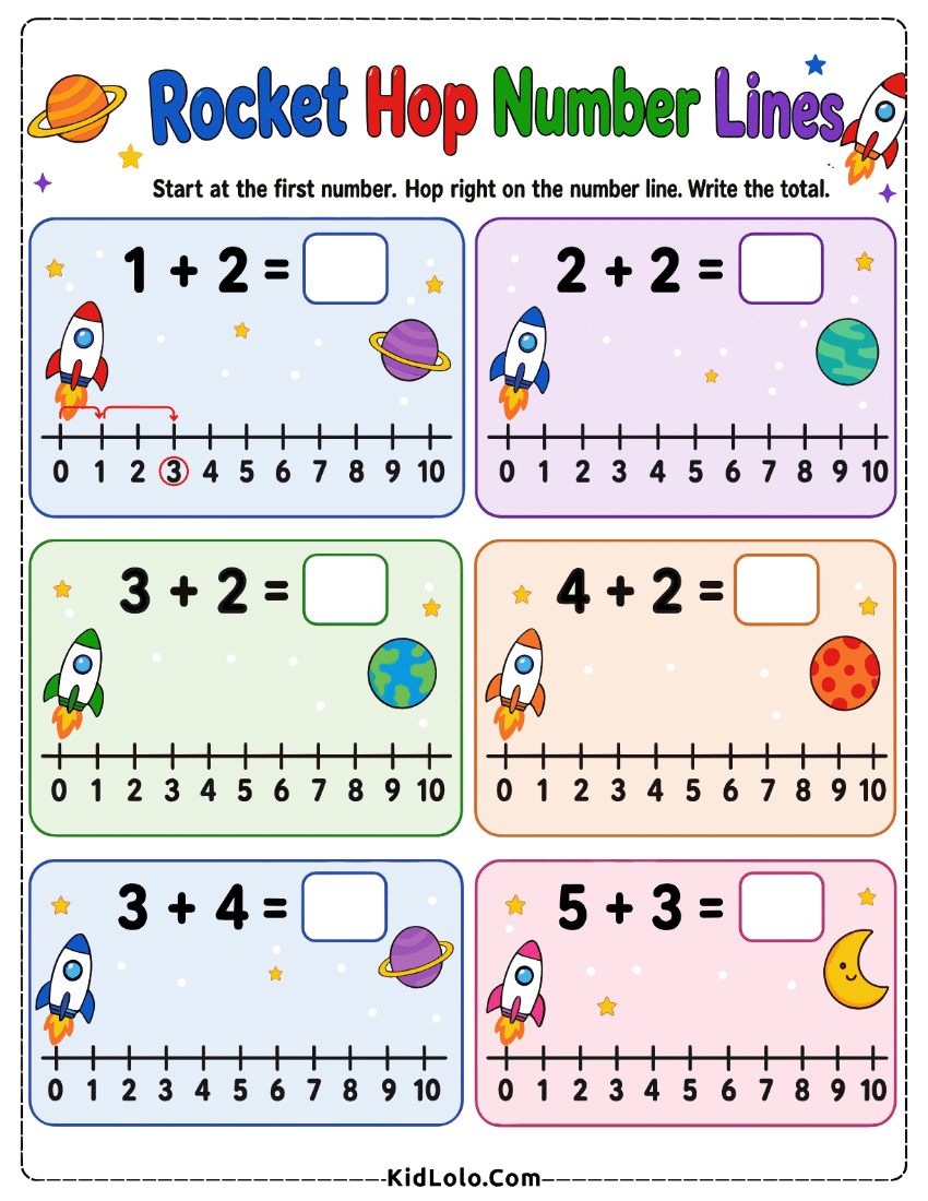 Rocket number line addition worksheet with simple sums and answer boxes.