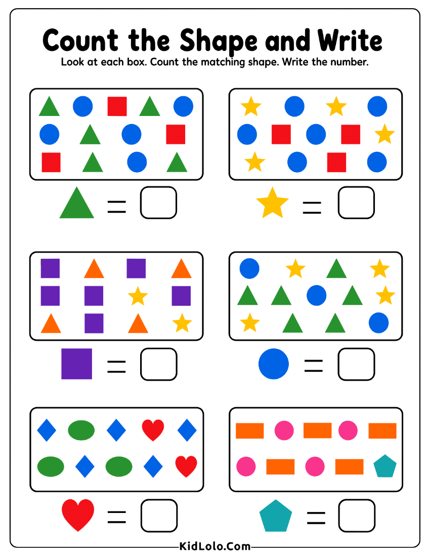 Shape count and write worksheet with matching shapes in six boxes.