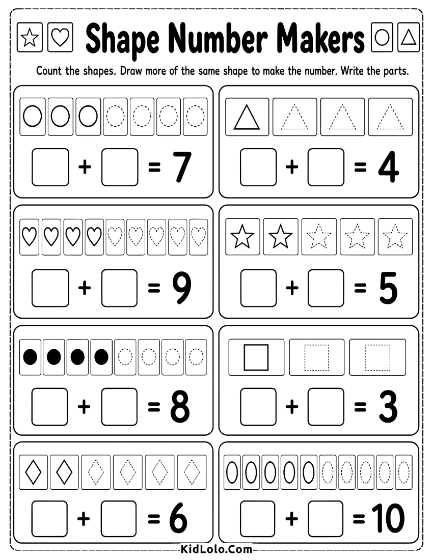 Shape number makers worksheet for counting, drawing, and completing number parts.