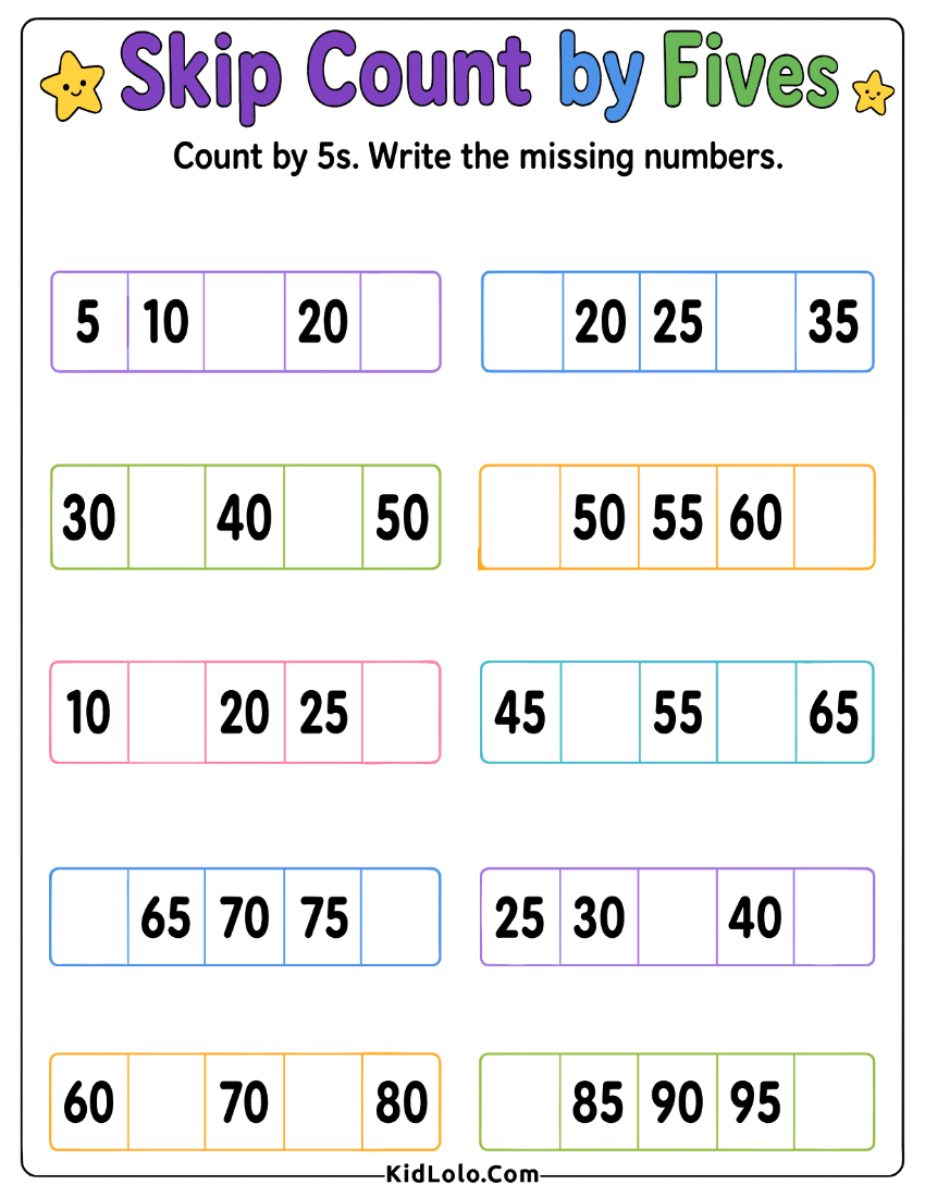 Skip counting by 5s worksheet with missing number boxes.