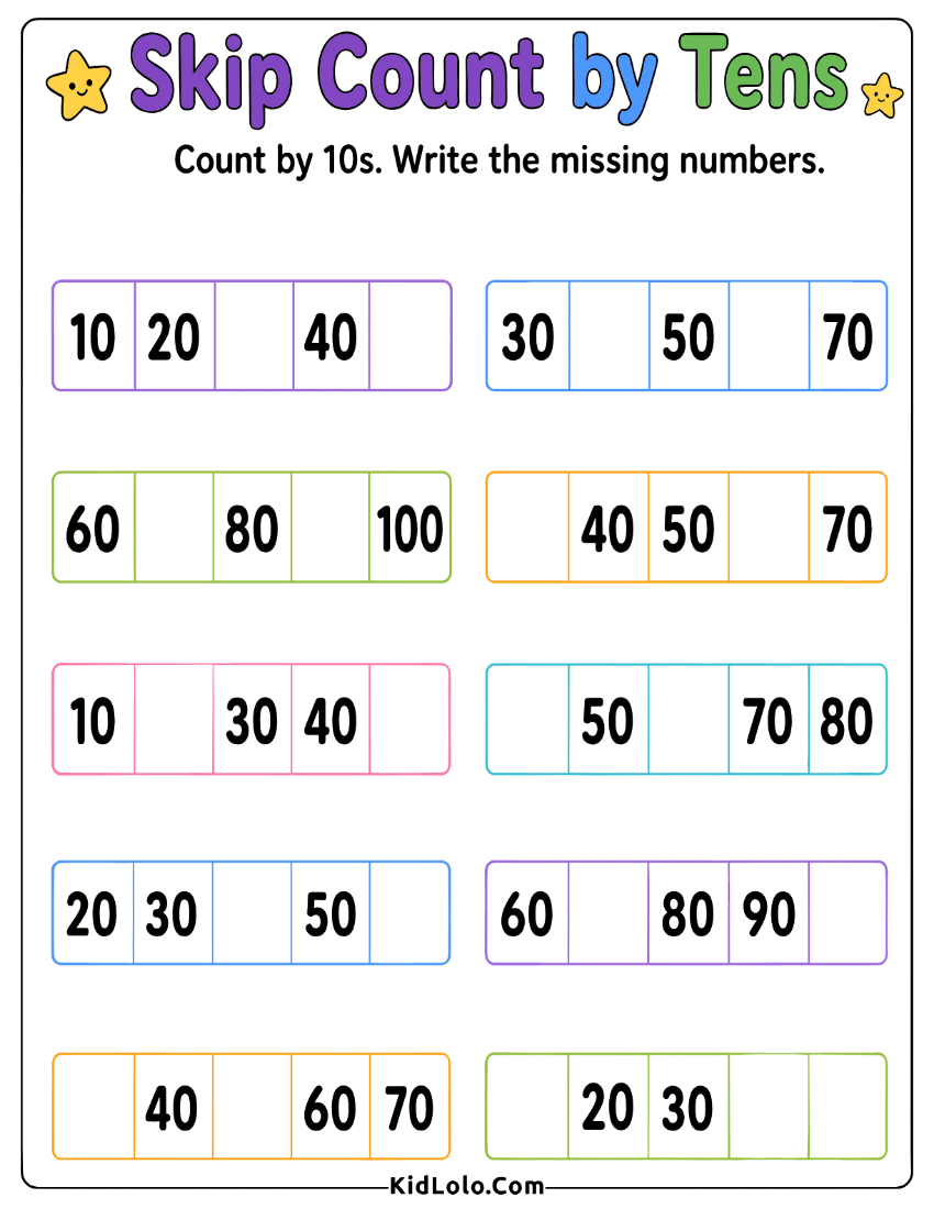 Skip counting by 10s worksheet with missing number strips to 100.