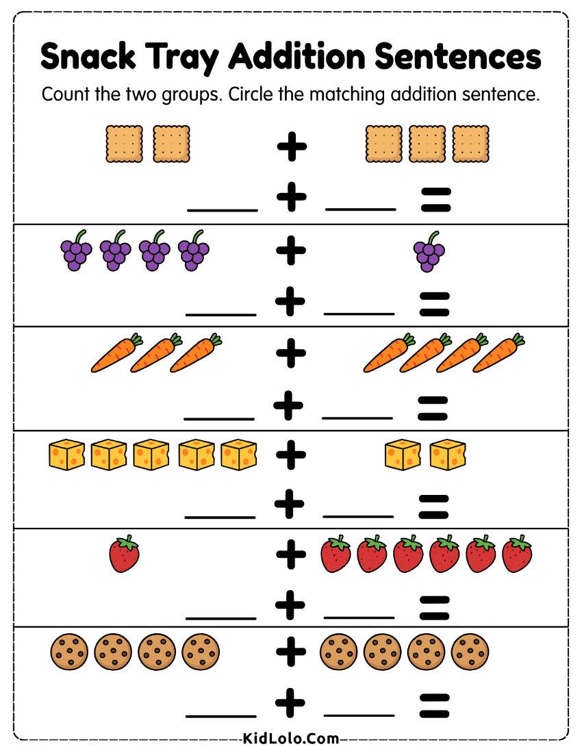 Snack addition sentences worksheet with two groups and matching sums.