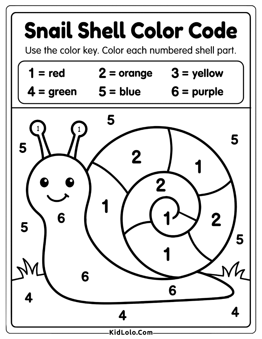 Snail color by number worksheet with shell sections and color key.