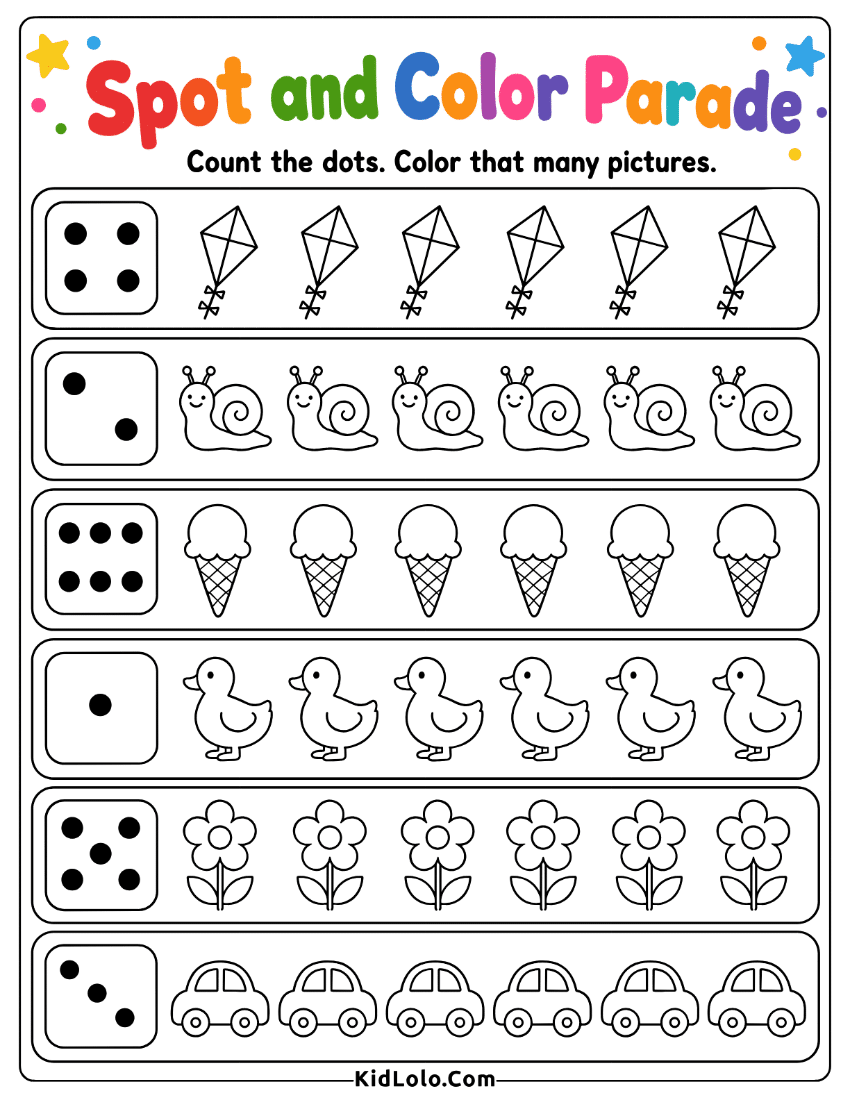 Count and color worksheet with dot dice and picture rows.