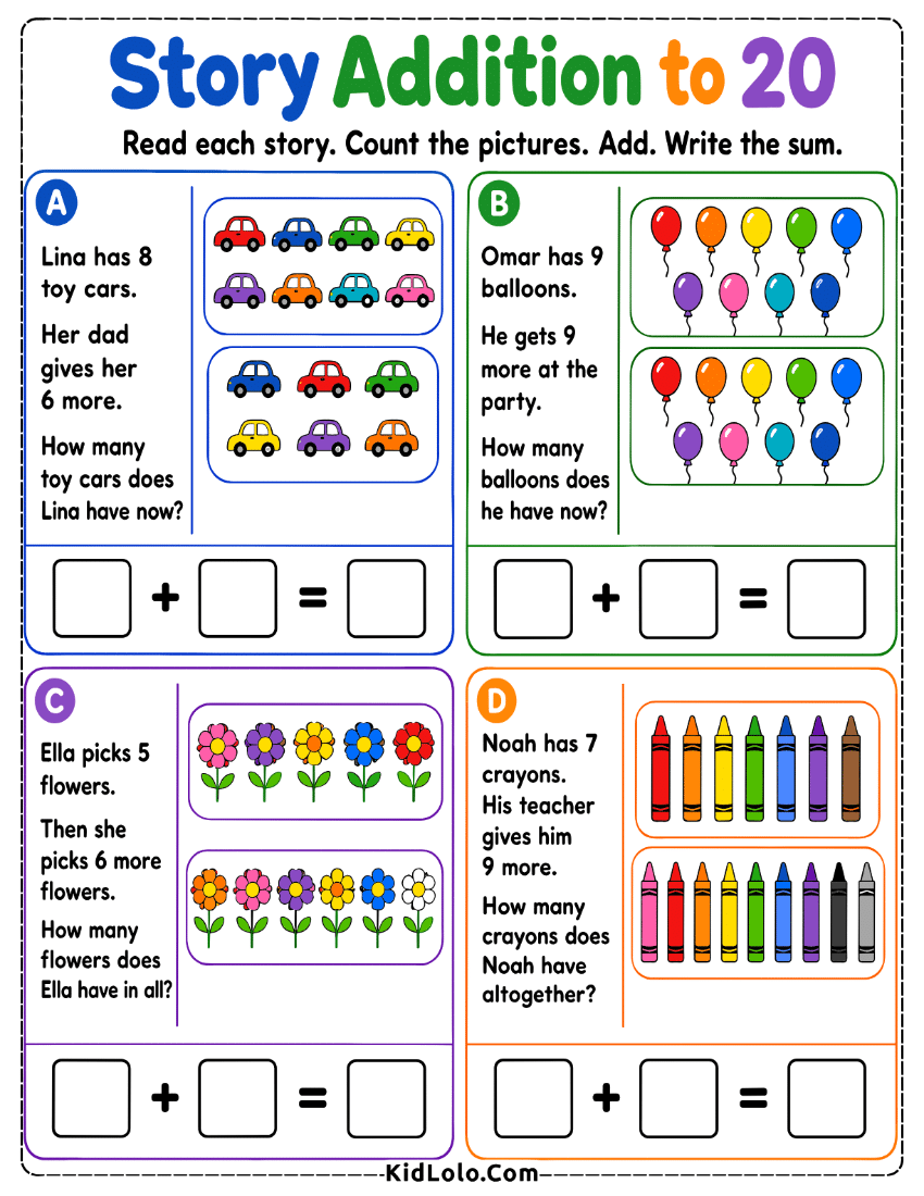 Addition to 20 worksheet with picture word problems and answer boxes.
